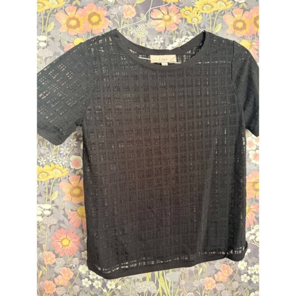 LOFT‎ Black Grid Pattern Short Sleeve Crew Neck Top Women's Size S
